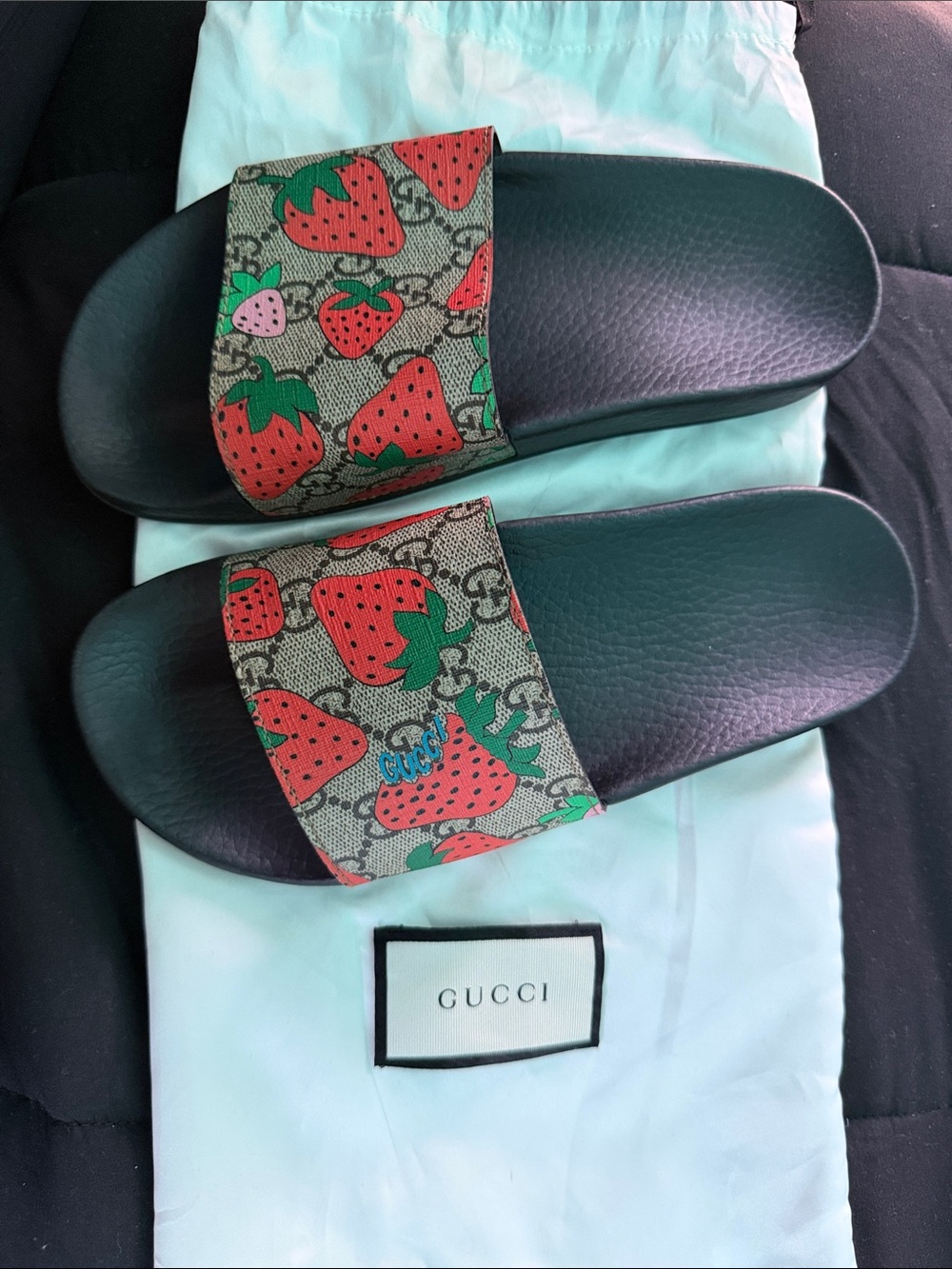 Gucci Strawberry GG Canvas Slides - Black, Red & Green